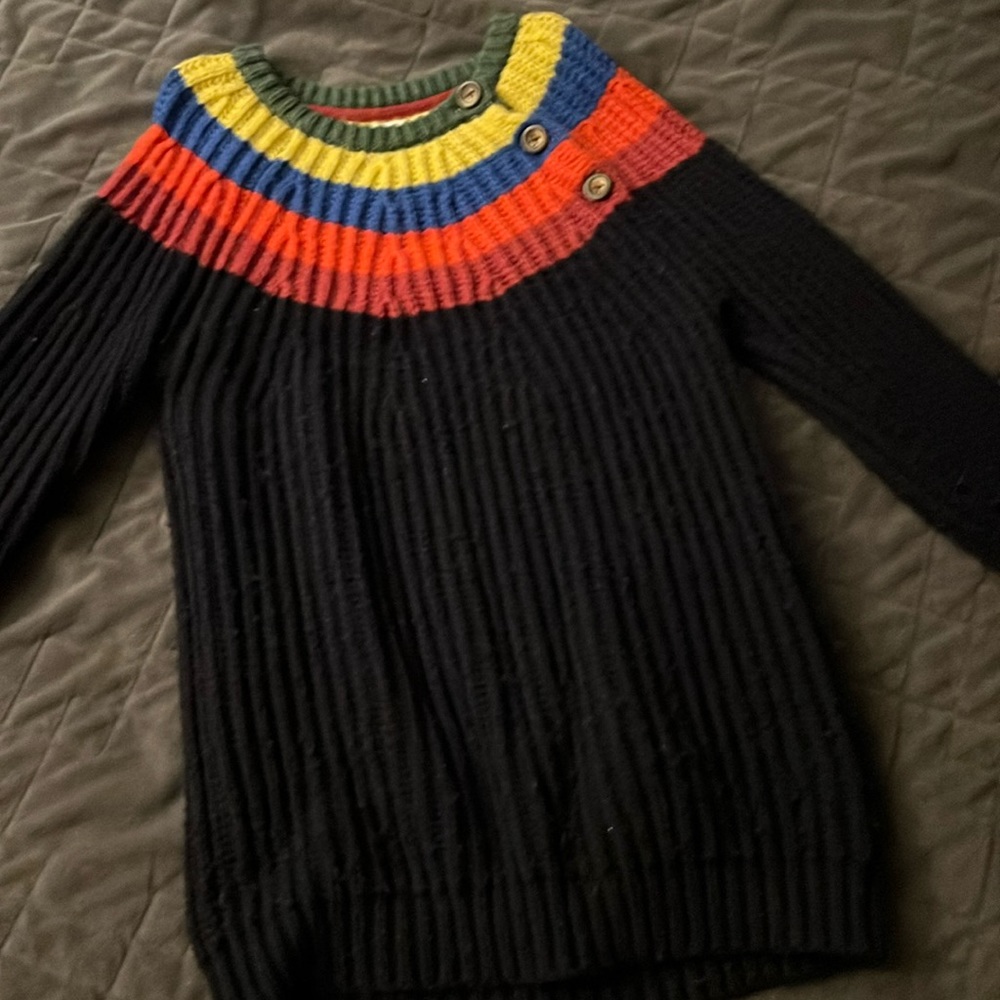 Mini Boden colorful sweater; navy with rainbow collar pattern